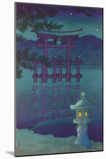 Japanese Illustration, Night, Lantern by Lake-null-Mounted Art Print