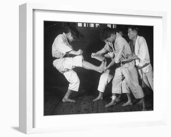 Japanese Karate Student Breaking Boards with Kick-John Florea-Framed Photographic Print