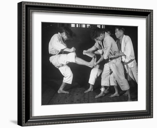 Japanese Karate Student Breaking Boards with Kick-John Florea-Framed Photographic Print