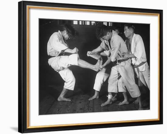 Japanese Karate Student Breaking Boards with Kick-John Florea-Framed Photographic Print