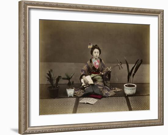 Japanese Lady in Traditional Dress with a Stringed Musical Instrument-null-Framed Photographic Print