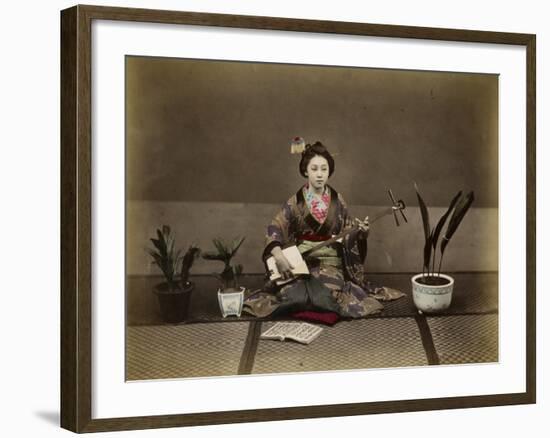 Japanese Lady in Traditional Dress with a Stringed Musical Instrument-null-Framed Photographic Print