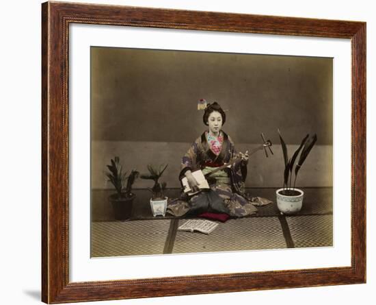 Japanese Lady in Traditional Dress with a Stringed Musical Instrument-null-Framed Photographic Print