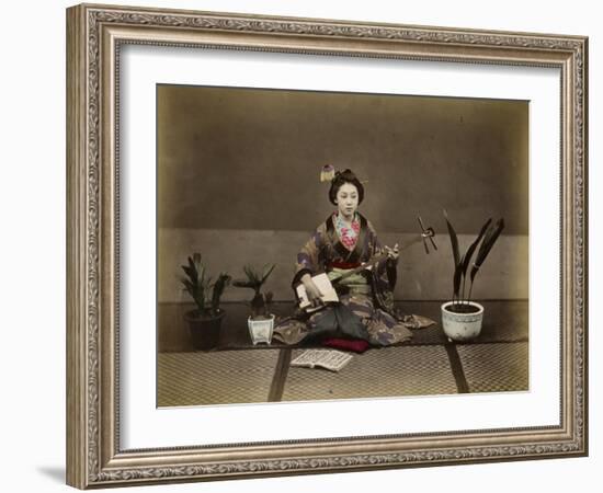 Japanese Lady in Traditional Dress with a Stringed Musical Instrument-null-Framed Photographic Print