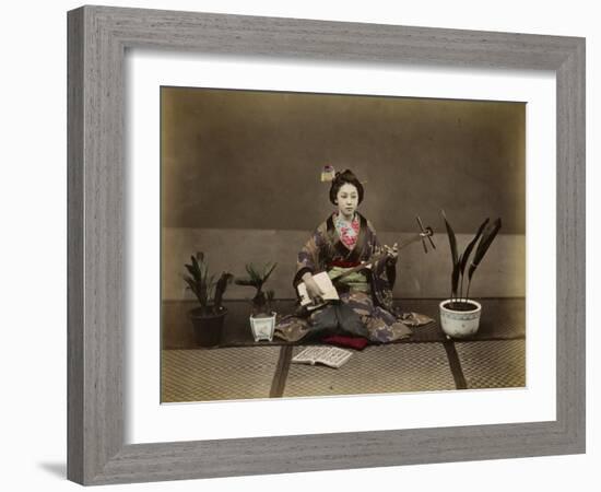 Japanese Lady in Traditional Dress with a Stringed Musical Instrument-null-Framed Photographic Print