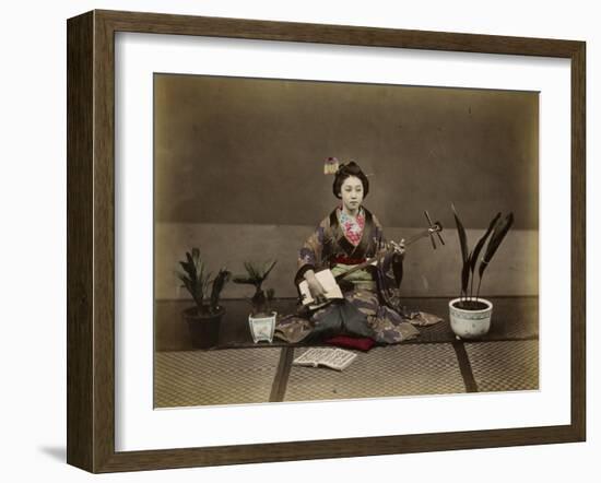 Japanese Lady in Traditional Dress with a Stringed Musical Instrument-null-Framed Photographic Print