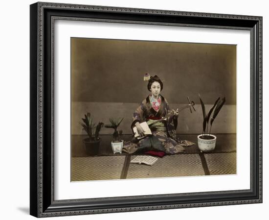 Japanese Lady in Traditional Dress with a Stringed Musical Instrument-null-Framed Photographic Print