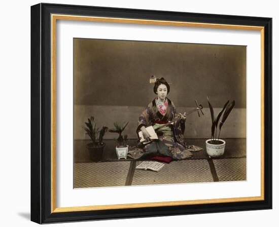 Japanese Lady in Traditional Dress with a Stringed Musical Instrument-null-Framed Photographic Print