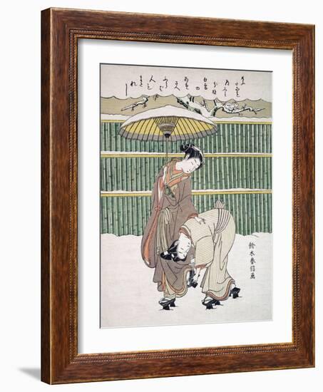 Japanese Lovers Walking in Snow, Pub. C. 1768 (Colour Woodblock Print)-Japanese School-Framed Giclee Print