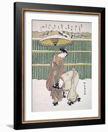 Japanese Lovers Walking in Snow, Pub. C. 1768 (Colour Woodblock Print)-Japanese School-Framed Giclee Print