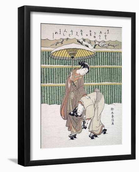 Japanese Lovers Walking in Snow, Pub. C. 1768 (Colour Woodblock Print)-Japanese School-Framed Giclee Print