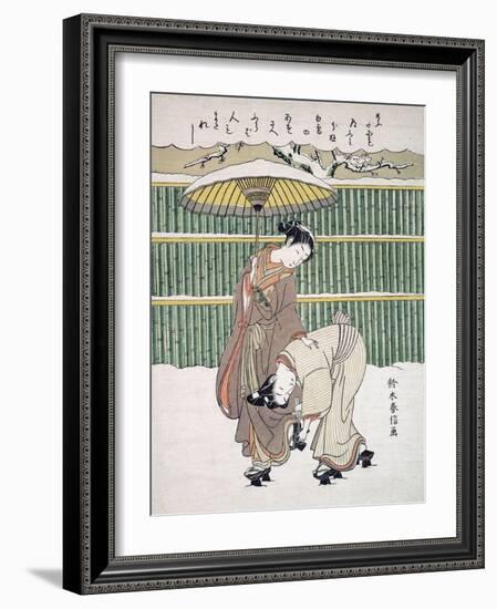 Japanese Lovers Walking in Snow, Pub. C. 1768 (Colour Woodblock Print)-Japanese School-Framed Giclee Print