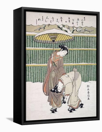 Japanese Lovers Walking in Snow, Pub. C. 1768 (Colour Woodblock Print)-Japanese School-Framed Premier Image Canvas