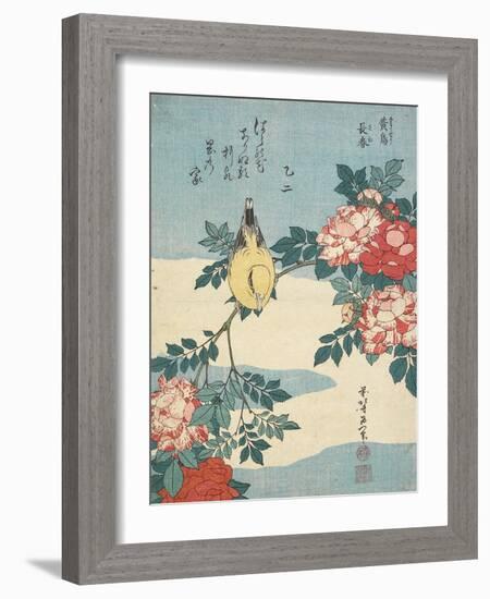 Japanese Nightingale and Spray of Roses, C. 1832-Katsushika Hokusai-Framed Giclee Print