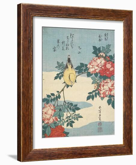 Japanese Nightingale and Spray of Roses, C. 1832-Katsushika Hokusai-Framed Giclee Print