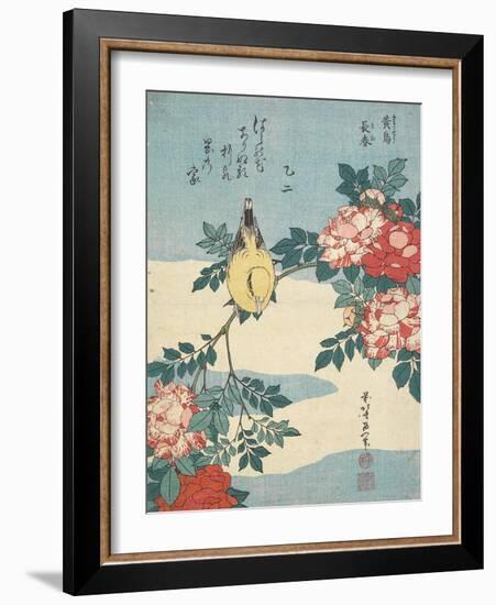 Japanese Nightingale and Spray of Roses, C. 1832-Katsushika Hokusai-Framed Giclee Print