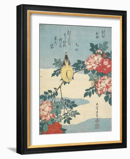 Japanese Nightingale and Spray of Roses, C. 1832-Katsushika Hokusai-Framed Giclee Print