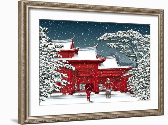 Japanese or Chinese Temple under Snow - Vector Illustration-isaxar-Framed Art Print