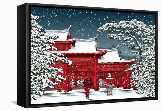 Japanese or Chinese Temple under Snow - Vector Illustration-isaxar-Framed Stretched Canvas
