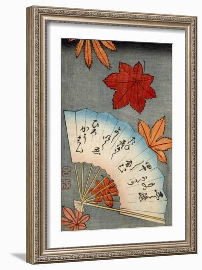 Japanese print of fan with maple leaves-null-Framed Giclee Print