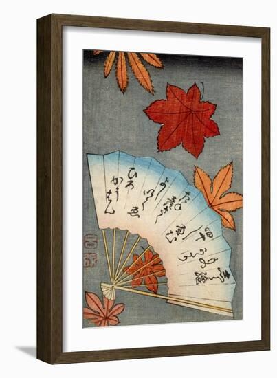 Japanese print of fan with maple leaves-null-Framed Giclee Print