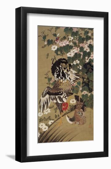 Japanese Rooster with Two Birds-Jyakuchu Ito-Framed Giclee Print