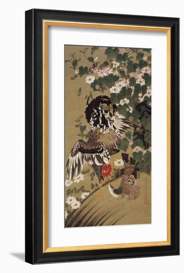 Japanese Rooster with Two Birds-Jyakuchu Ito-Framed Giclee Print