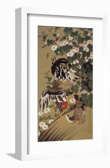 Japanese Rooster with Two Birds-Jyakuchu Ito-Framed Giclee Print