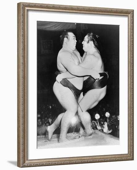 Japanese Sumo Wrestlers, Kiyoji Kagamisato and Junnosuke Yoshibayama, 1952-null-Framed Photo