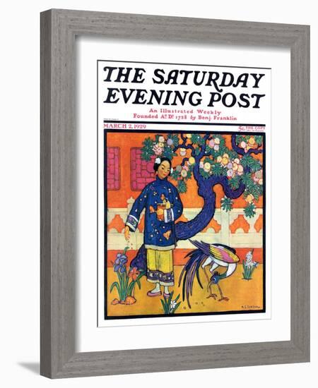 "Japanese Woman in Garden," Saturday Evening Post Cover, March 2, 1929-Henry Soulen-Framed Giclee Print