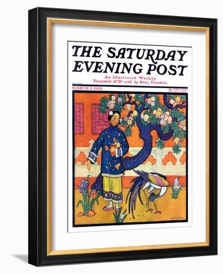 "Japanese Woman in Garden," Saturday Evening Post Cover, March 2, 1929-Henry Soulen-Framed Giclee Print