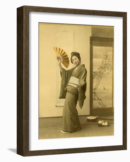 Japanese Woman in Kimono with Fan-null-Framed Photographic Print