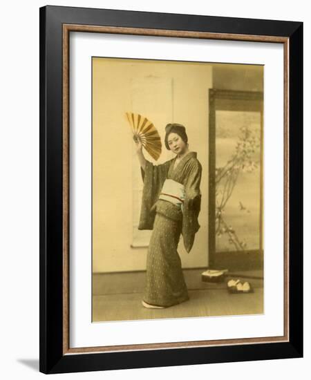 Japanese Woman in Kimono with Fan-null-Framed Photographic Print