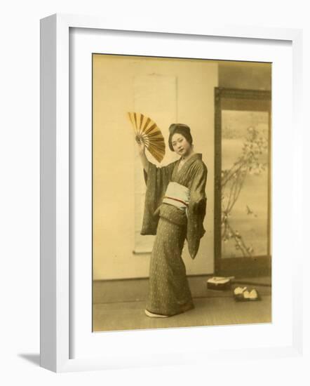 Japanese Woman in Kimono with Fan-null-Framed Photographic Print