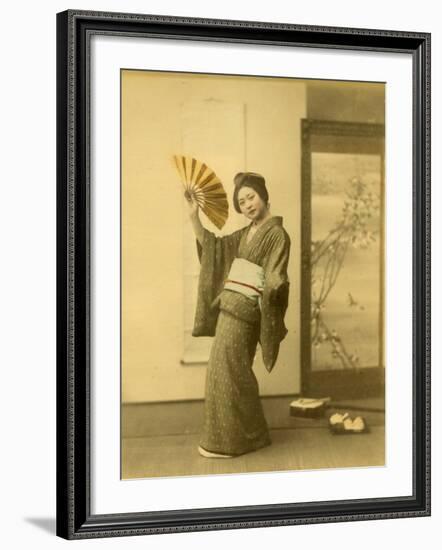 Japanese Woman in Kimono with Fan-null-Framed Photographic Print