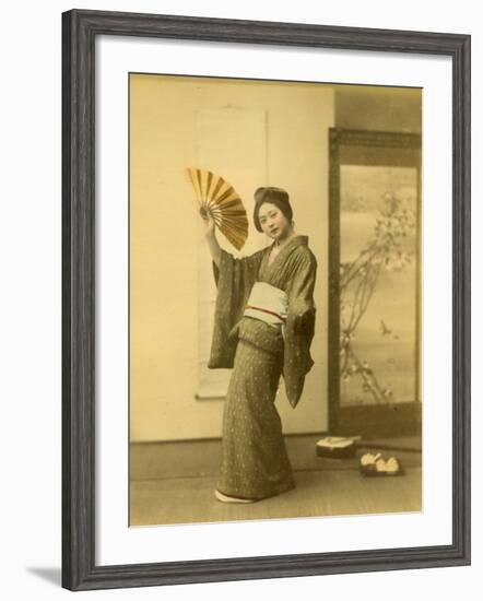 Japanese Woman in Kimono with Fan-null-Framed Photographic Print