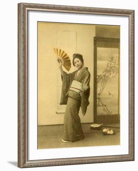 Japanese Woman in Kimono with Fan-null-Framed Photographic Print