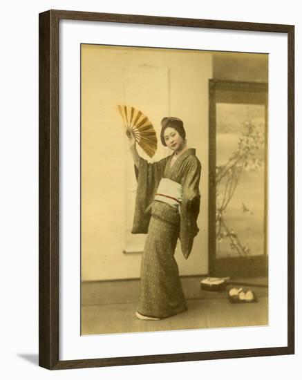 Japanese Woman in Kimono with Fan-null-Framed Photographic Print