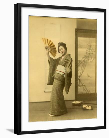 Japanese Woman in Kimono with Fan-null-Framed Photographic Print