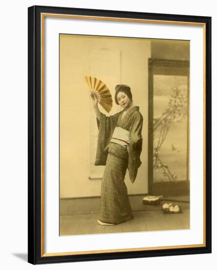 Japanese Woman in Kimono with Fan-null-Framed Photographic Print