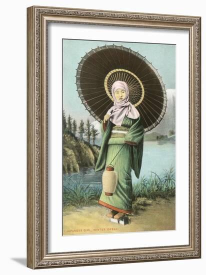 Japanese Woman with Umbrella and Lantern-null-Framed Art Print