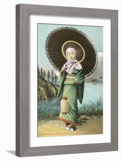 Japanese Woman with Umbrella and Lantern-null-Framed Art Print