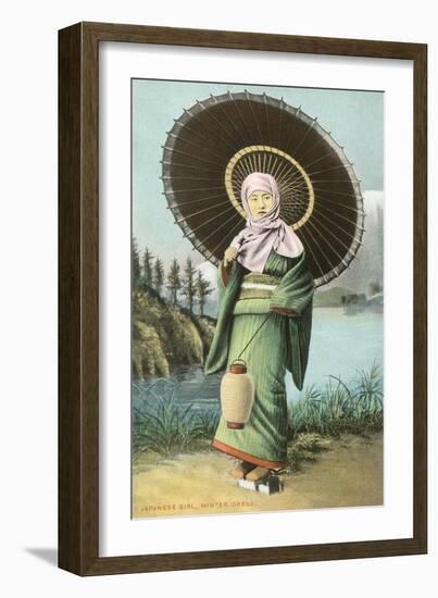 Japanese Woman with Umbrella and Lantern-null-Framed Art Print