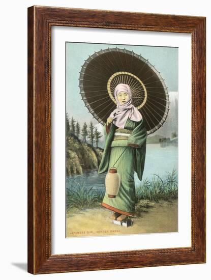 Japanese Woman with Umbrella and Lantern-null-Framed Art Print