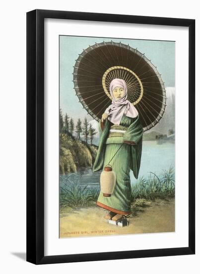 Japanese Woman with Umbrella and Lantern-null-Framed Art Print