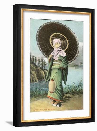 Japanese Woman with Umbrella and Lantern-null-Framed Art Print