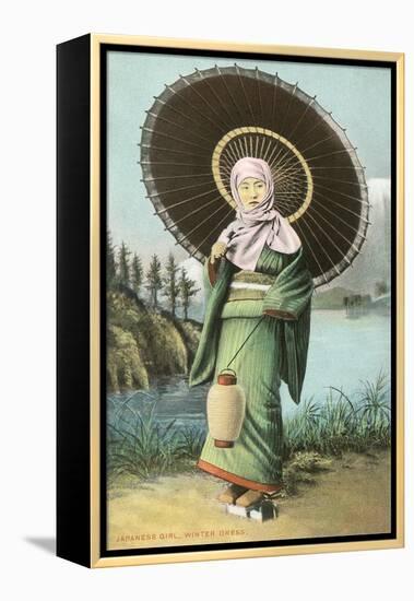 Japanese Woman with Umbrella and Lantern-null-Framed Stretched Canvas