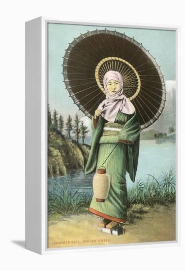 Japanese Woman with Umbrella and Lantern-null-Framed Stretched Canvas