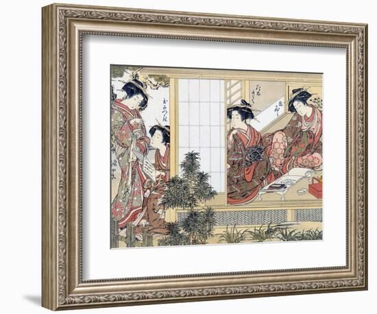 Japanese Women Reading and Writing (Colour Woodblock Print)-Katsukawa Shunsho-Framed Giclee Print