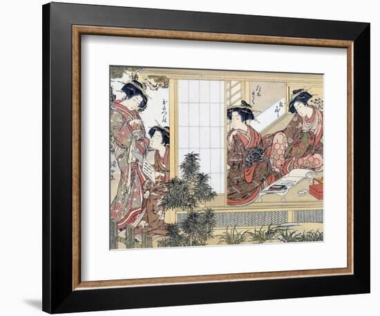 Japanese Women Reading and Writing (Colour Woodblock Print)-Katsukawa Shunsho-Framed Giclee Print